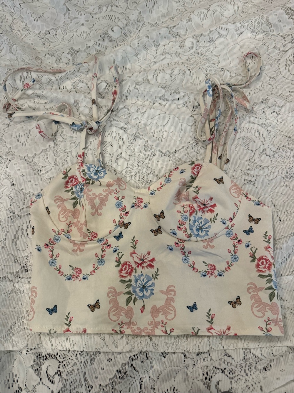 Fairycore Cream Floral Butterfly Tie-Shoulder Crop Top